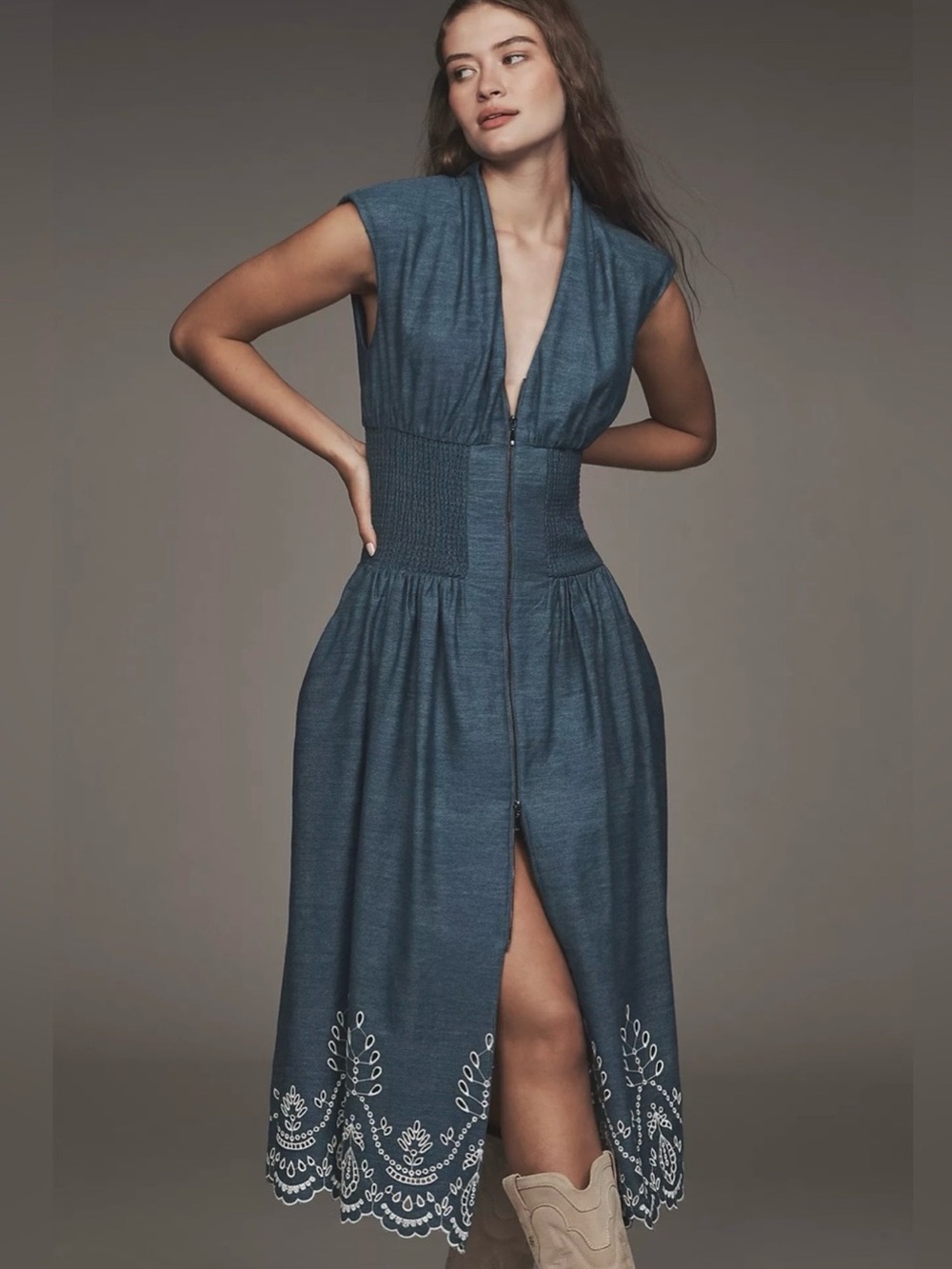 Anthropologie Tommie Denim-Blue Embroidered Midi Dress, Size Medium
